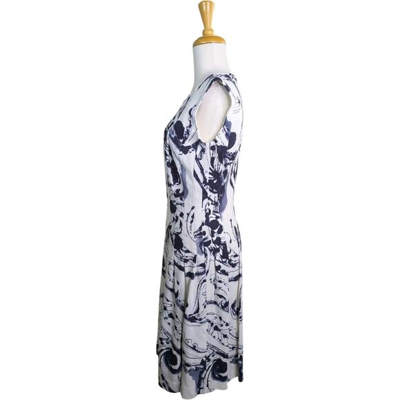 Escada Midi Dress Medium Abstract Paisley Blue Off-White Pleated Career Sleevele - Picture 5 of 12